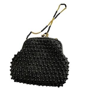 Simon Vintage Black Beaded Raffia Clutch Handbag